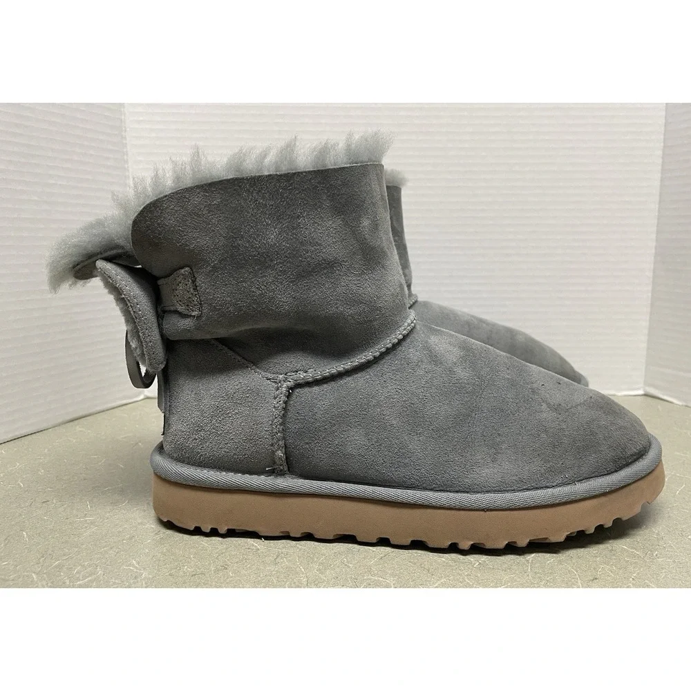 UGG Classic Double Bow Mini‎ Geyser Water Resistant Boot Gray Shearling Lined 7